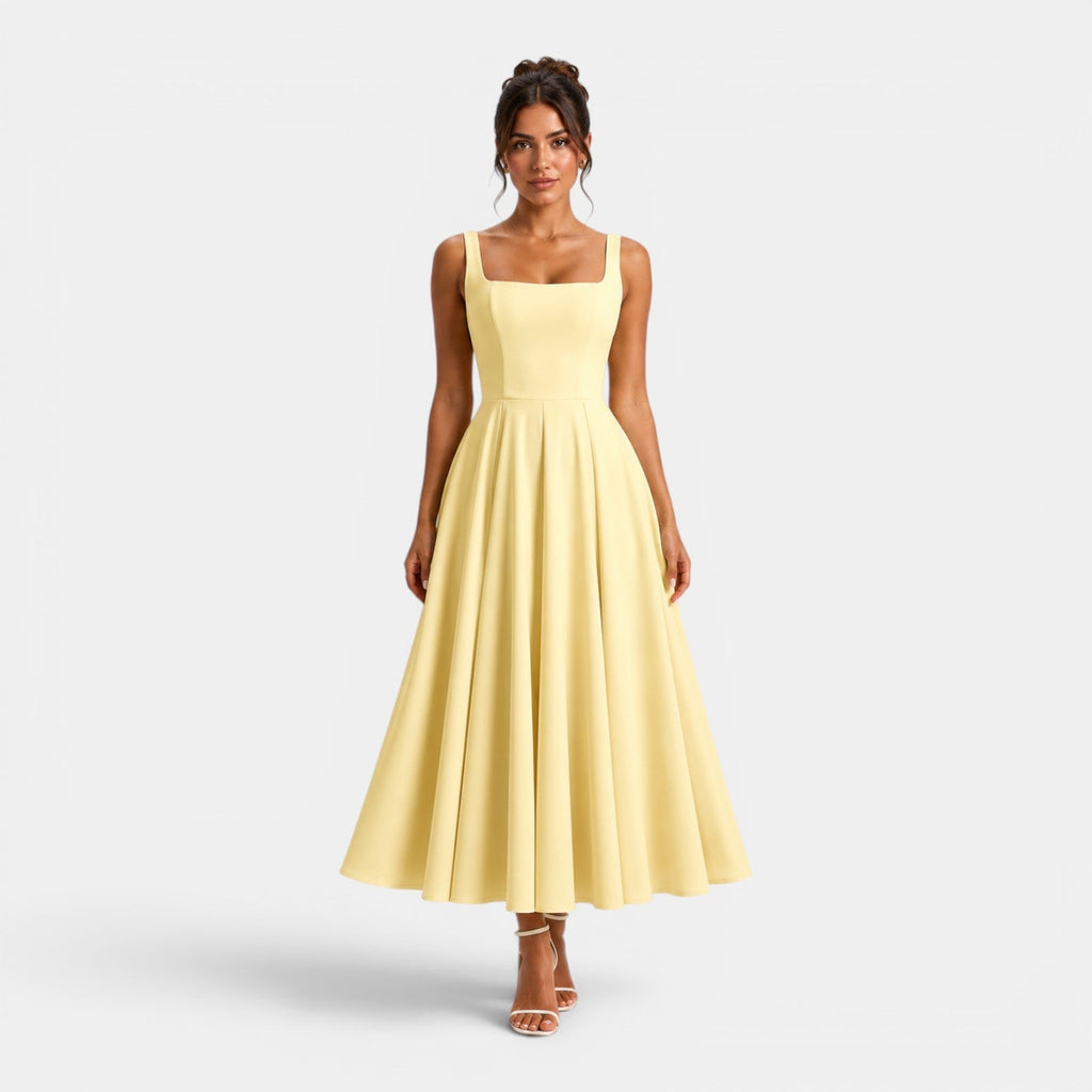 Women's Square Neck Midi Cocktail Dress with Flared Skirt
