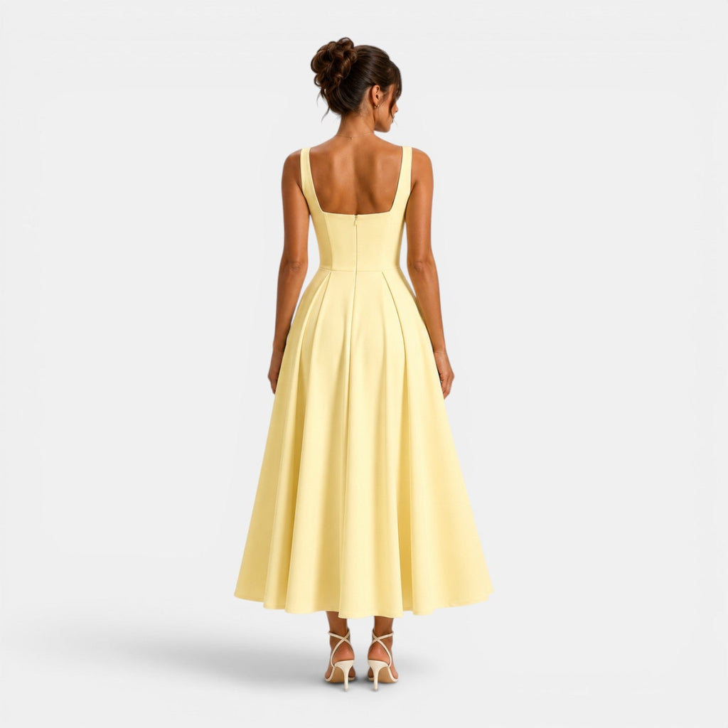 Women's Square Neck Midi Cocktail Dress with Flared Skirt