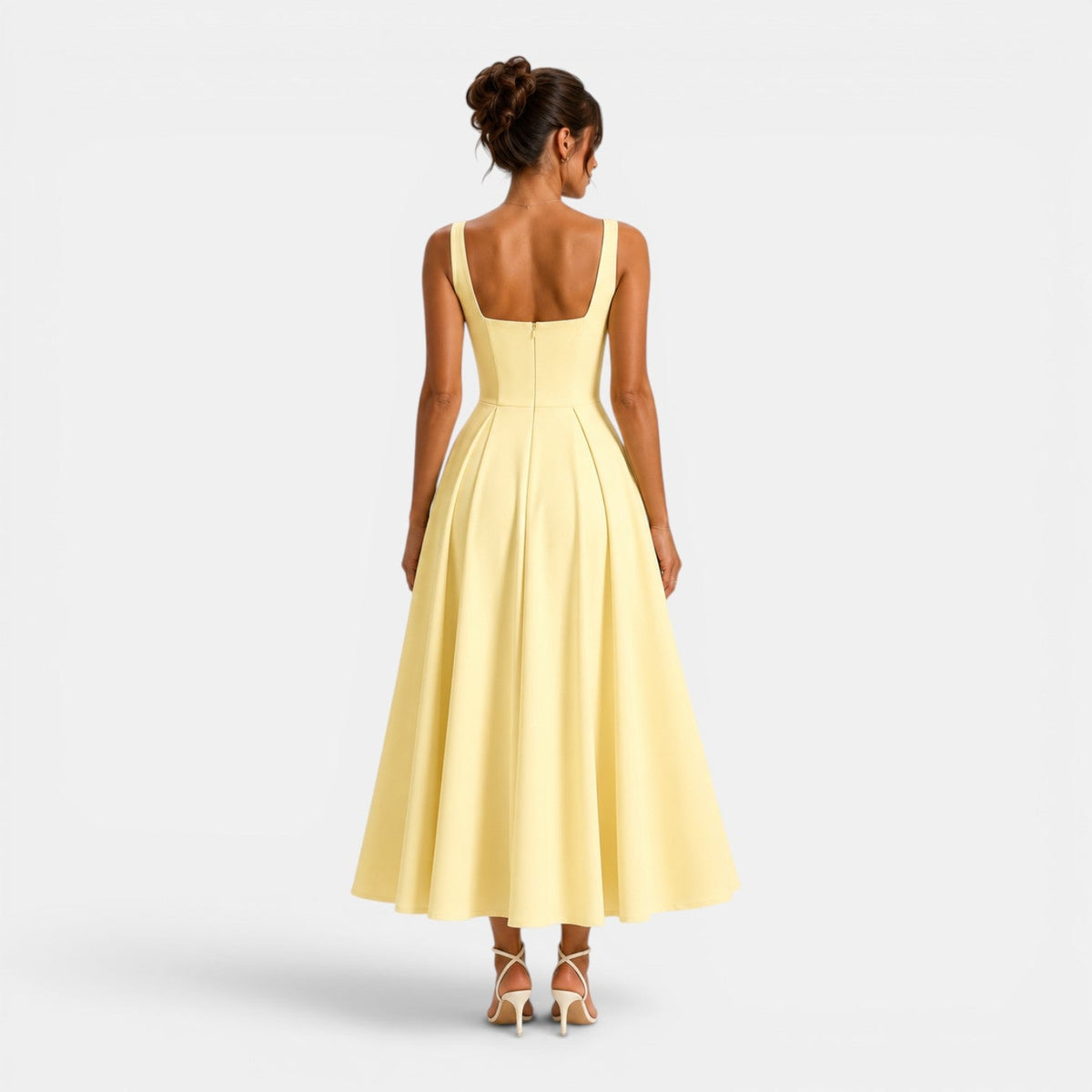 Women's Square Neck Midi Cocktail Dress with Flared Skirt