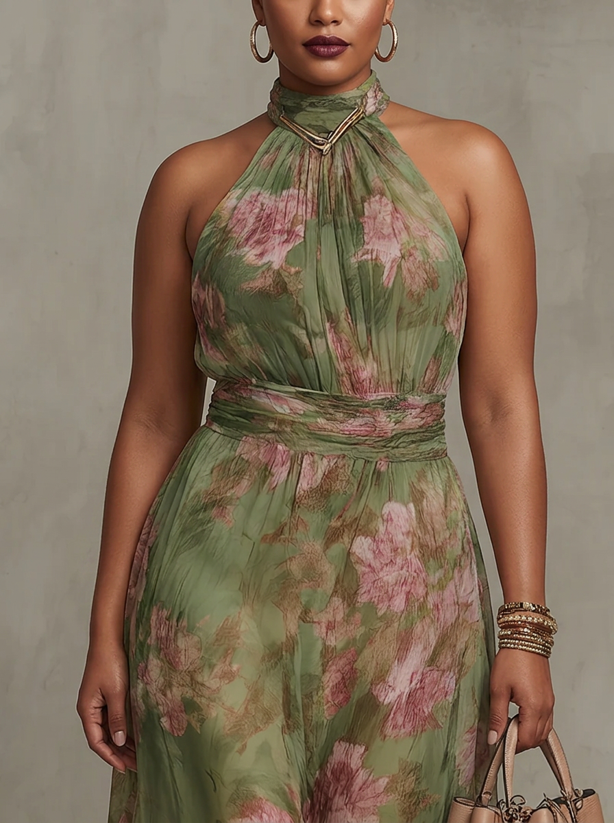 Women's Green Floral Chiffon Halter Maxi Dress