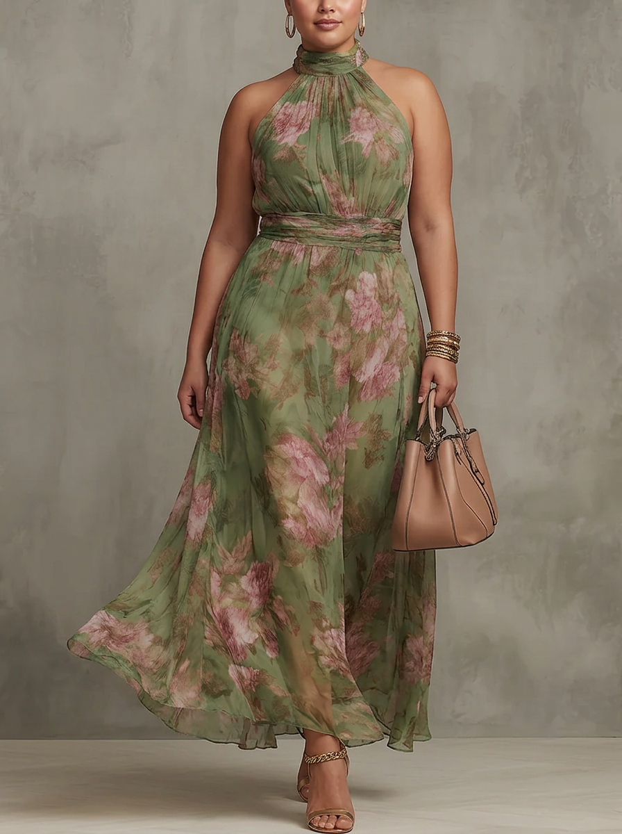 Women's Green Floral Chiffon Halter Maxi Dress