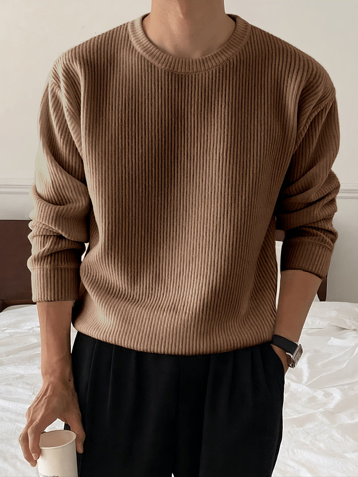 Men's Ribbed Crew-Neck Sweater - Loose Fit Knit Pullover