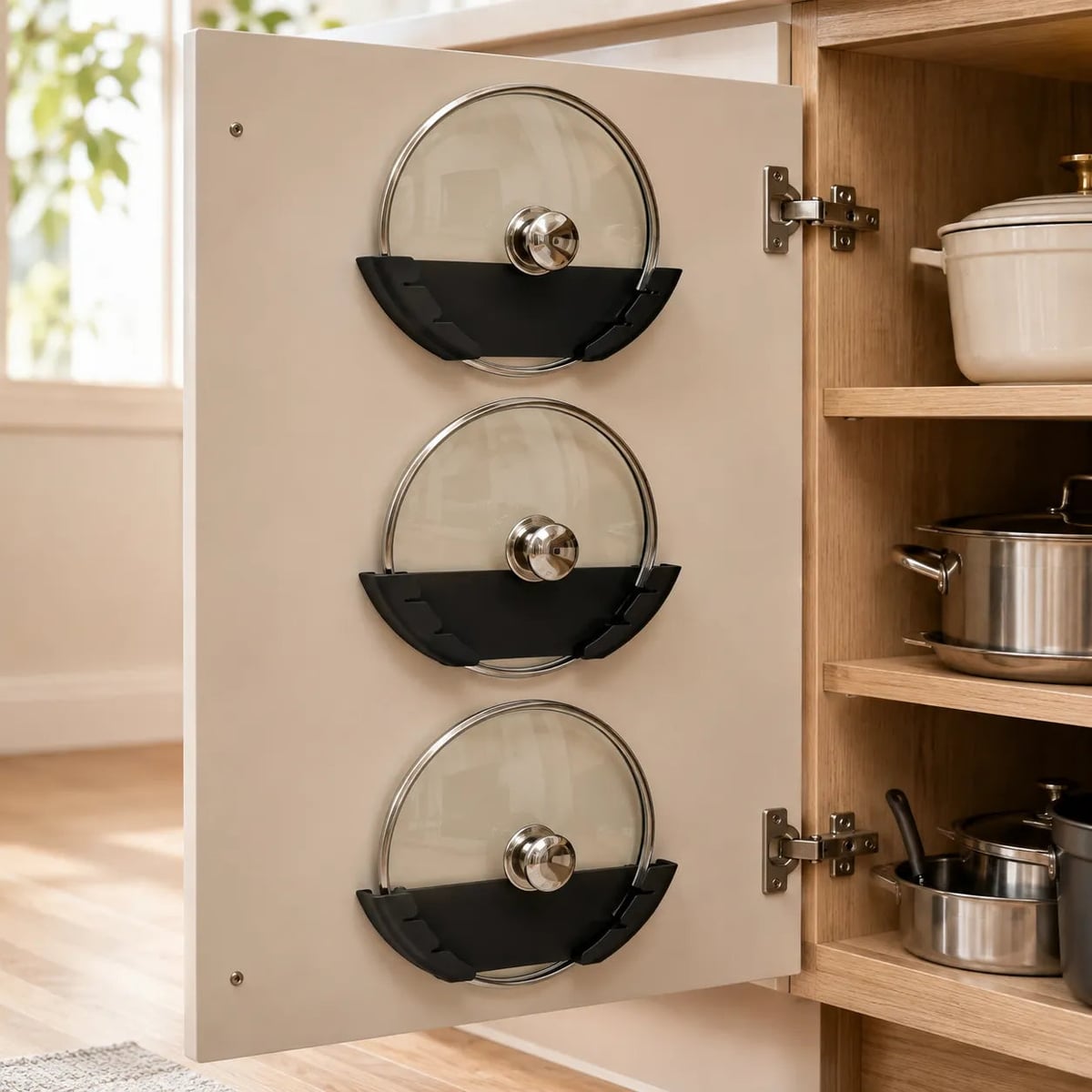 adhesive pot lid holders for cabinet doors in black