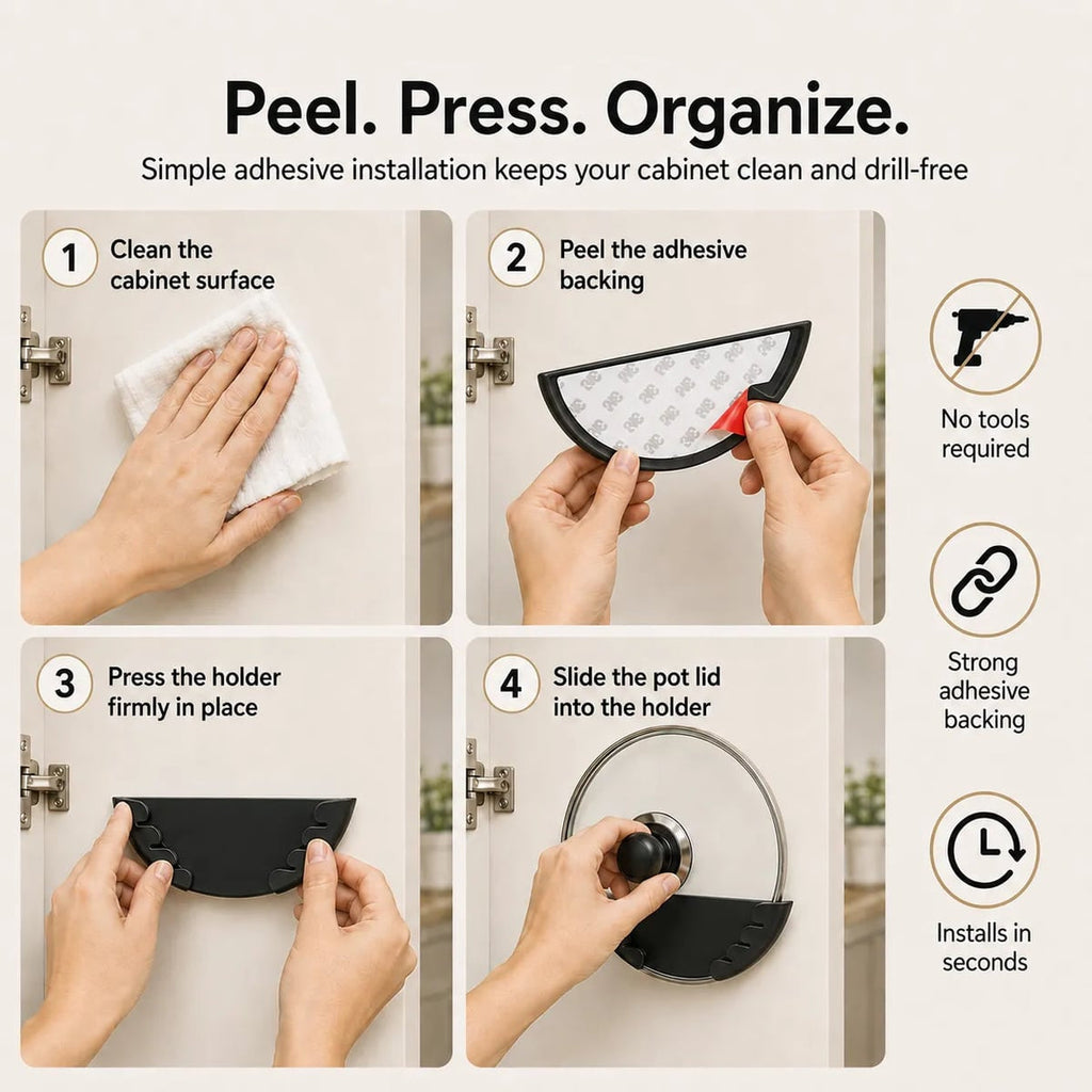 adhesive pot lid holders for cabinet doors in black