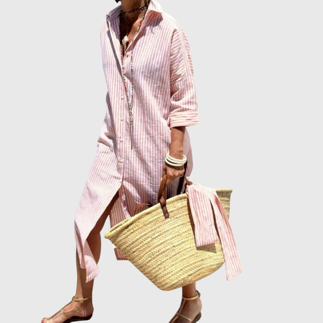 Women's Striped Midi Dress with Relaxed Fit and Side Pocket