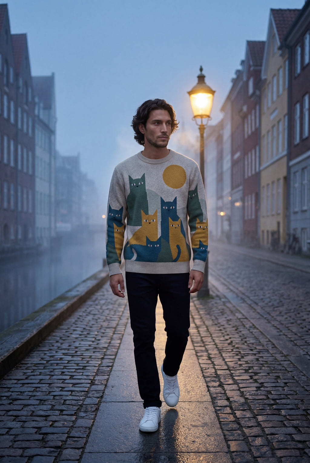 Beige Abstract Cat Graphic Crew Neck Long Sleeve Sweater - Photo 4