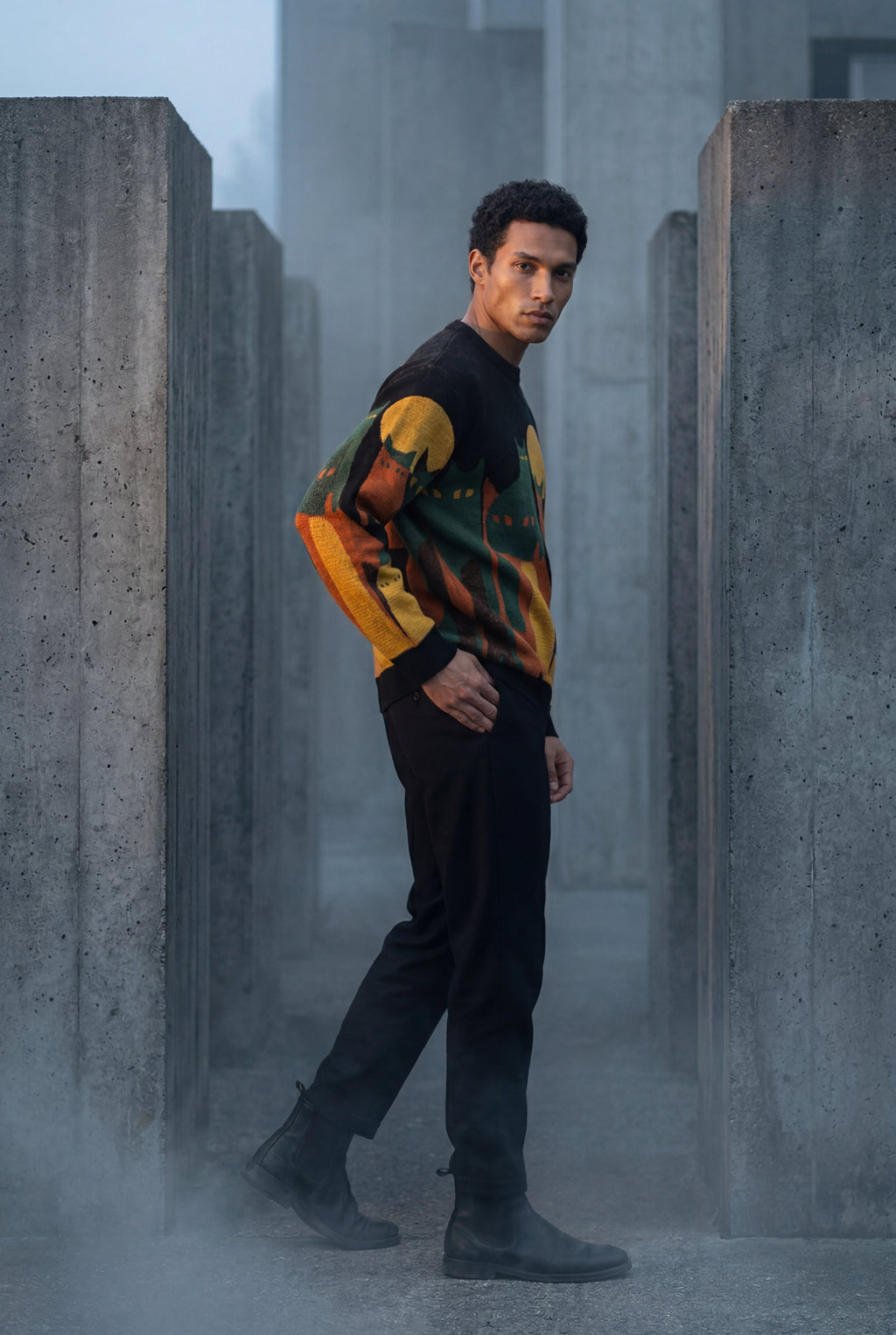 Black Abstract Cat Graphic Crew Neck Long Sleeve Sweater - Photo 8