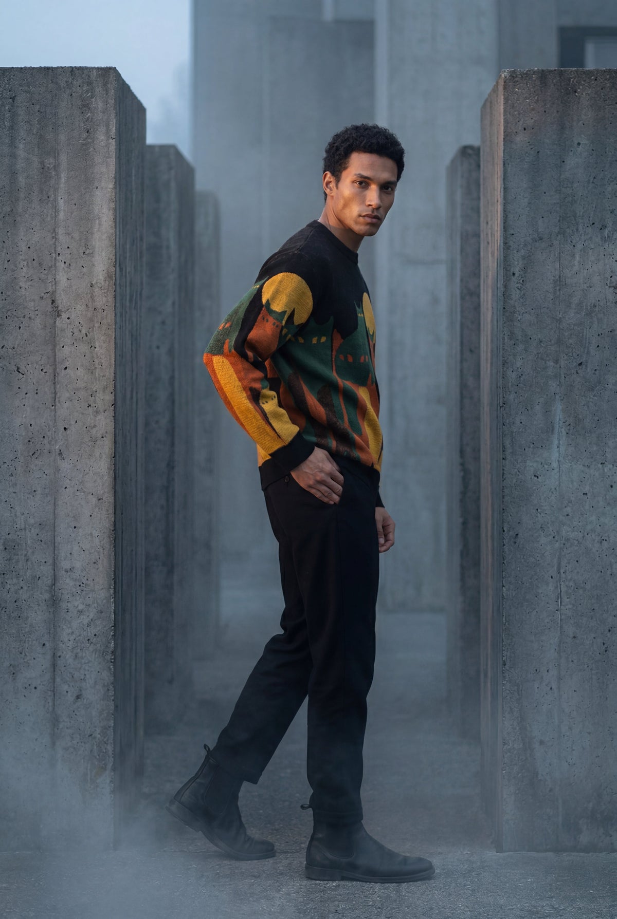 Black Abstract Cat Graphic Crew Neck Long Sleeve Sweater - Photo 8