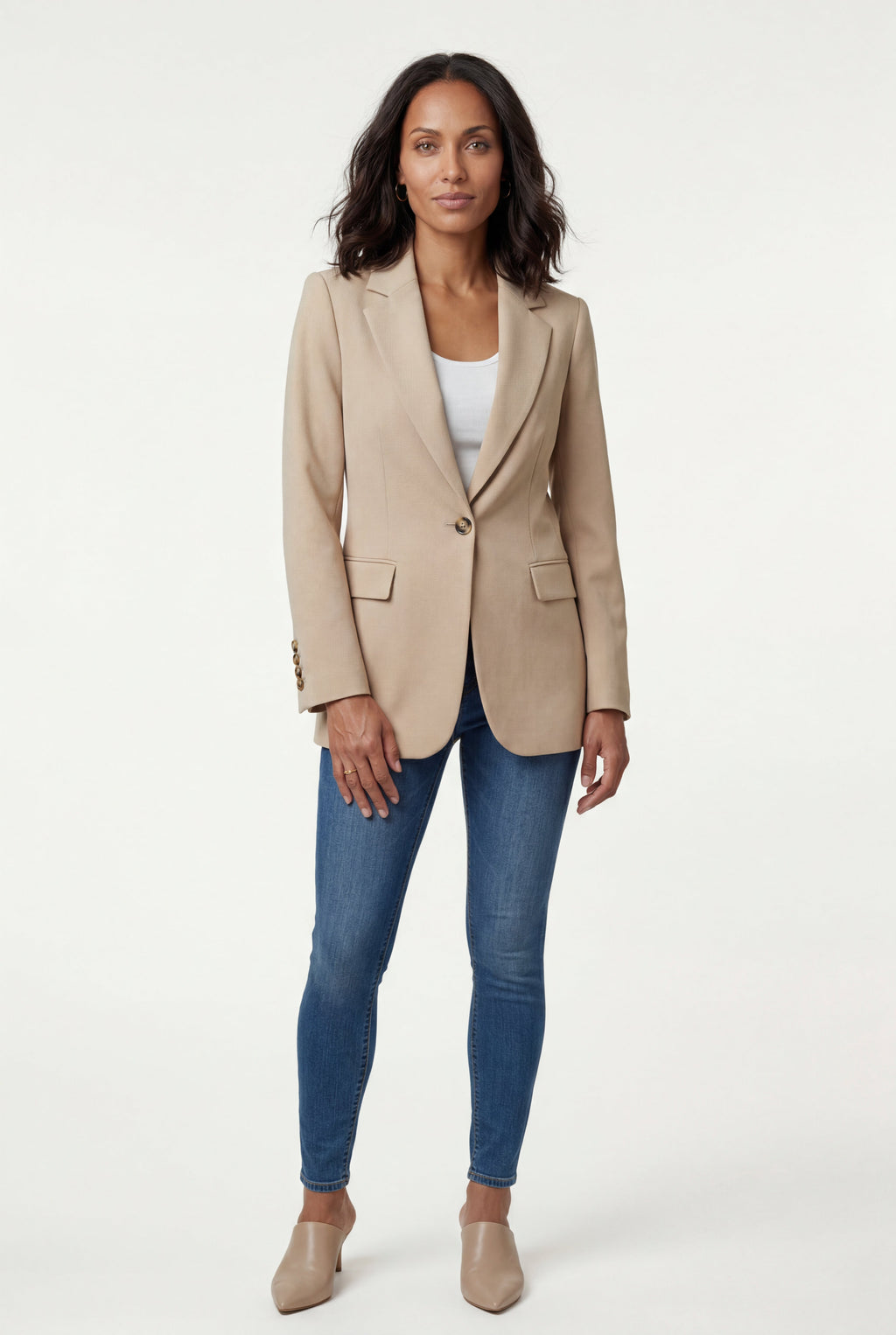 Beige Fitted Single-breasted Blazer with Classic Lapel - Blazers - Photo 2