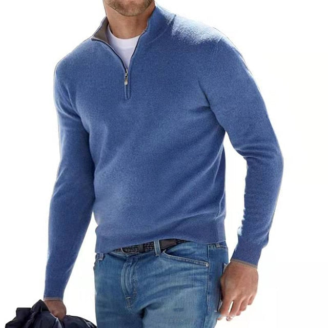 Men's Zip-Up Sweater with Stand-Up Collar, Ribbed Cuffs