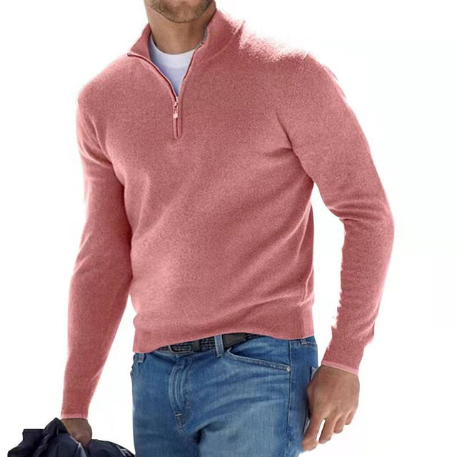 Men's Zip-Up Sweater with Stand-Up Collar, Ribbed Cuffs