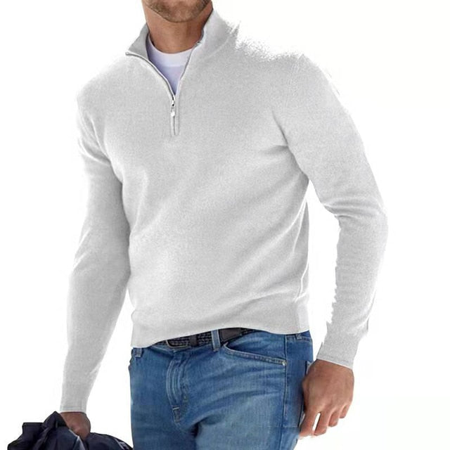 Men's Zip-Up Sweater with Stand-Up Collar, Ribbed Cuffs