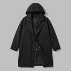 Kensington Overcoat — Black, flat lay front on grey seamless