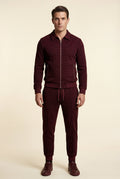 Burgundy Textured Zip-up Jacket and Jogger Set with Ribbed Detail - Two piece set - Photo 1