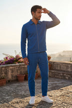 Blue Textured Zip-up Jacket and Jogger Set with Ribbed Detail - Two piece set - Photo 8