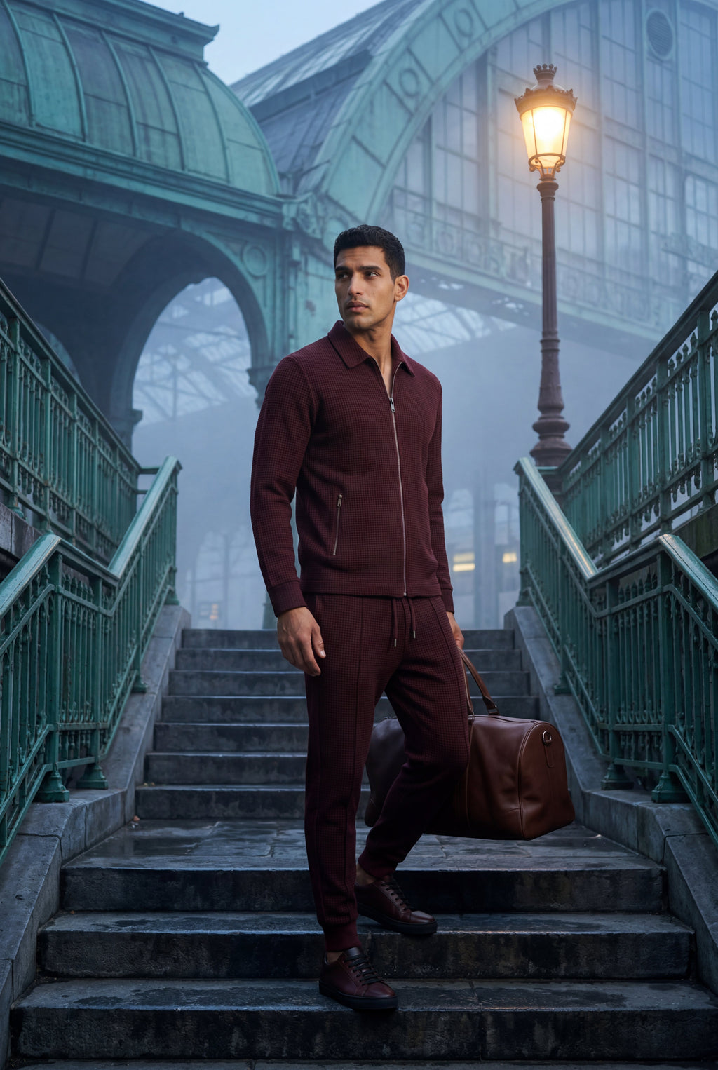 Burgundy Textured Zip-up Jacket and Jogger Set with Ribbed Detail - Two piece set - Photo 9
