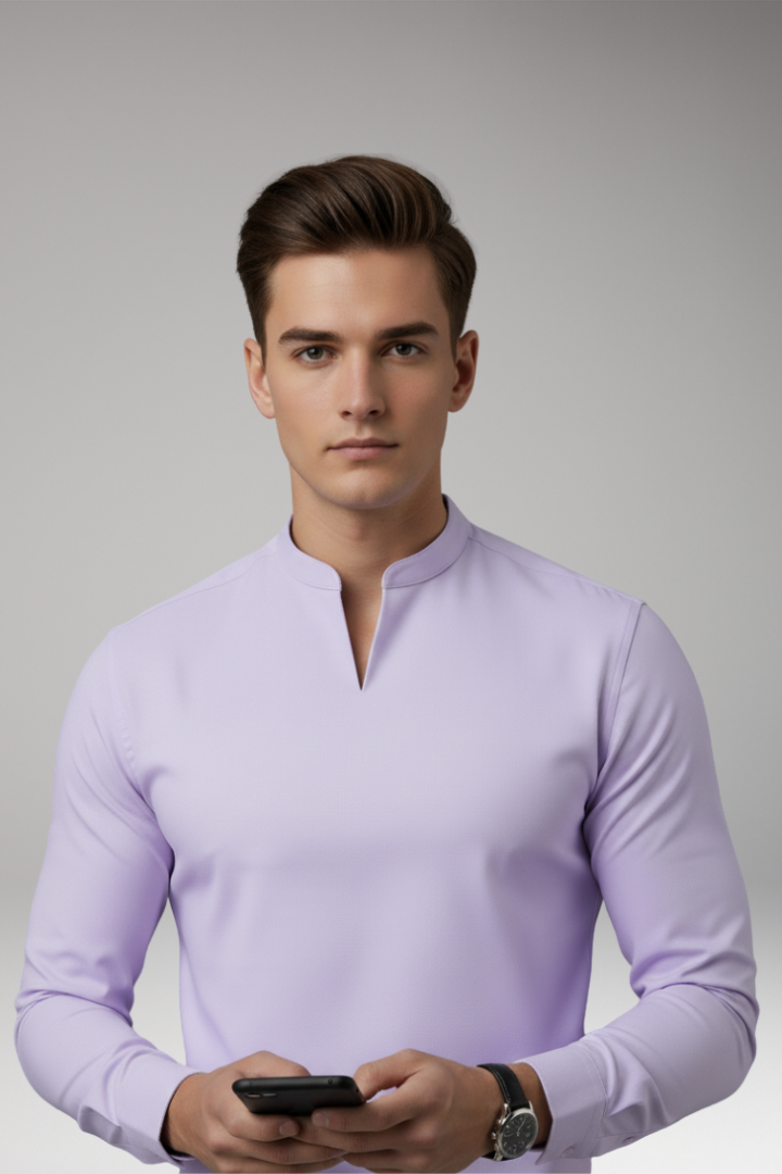 Men's Short-Sleeve V-Neck Shirt – Buttonless Front, Plain Weave
