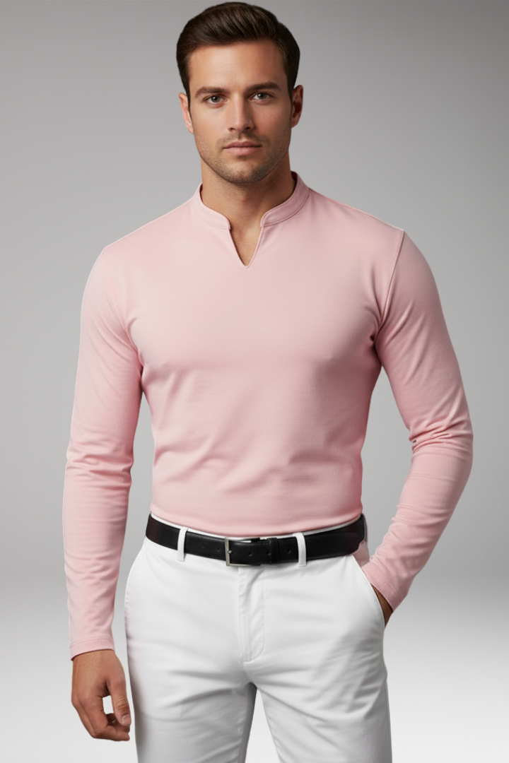 Men's Short-Sleeve V-Neck Shirt – Buttonless Front, Plain Weave