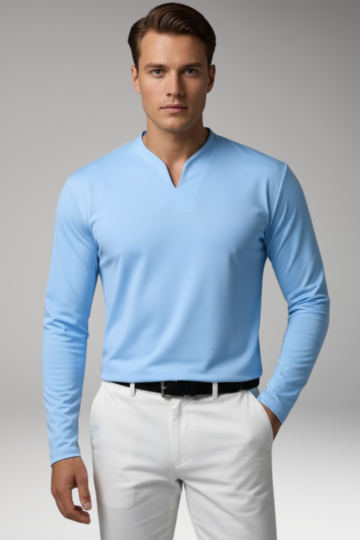 Men's Short-Sleeve V-Neck Shirt – Buttonless Front, Plain Weave
