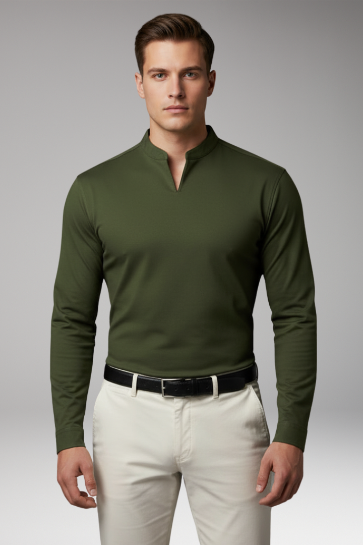 Men's Short-Sleeve V-Neck Shirt – Buttonless Front, Plain Weave