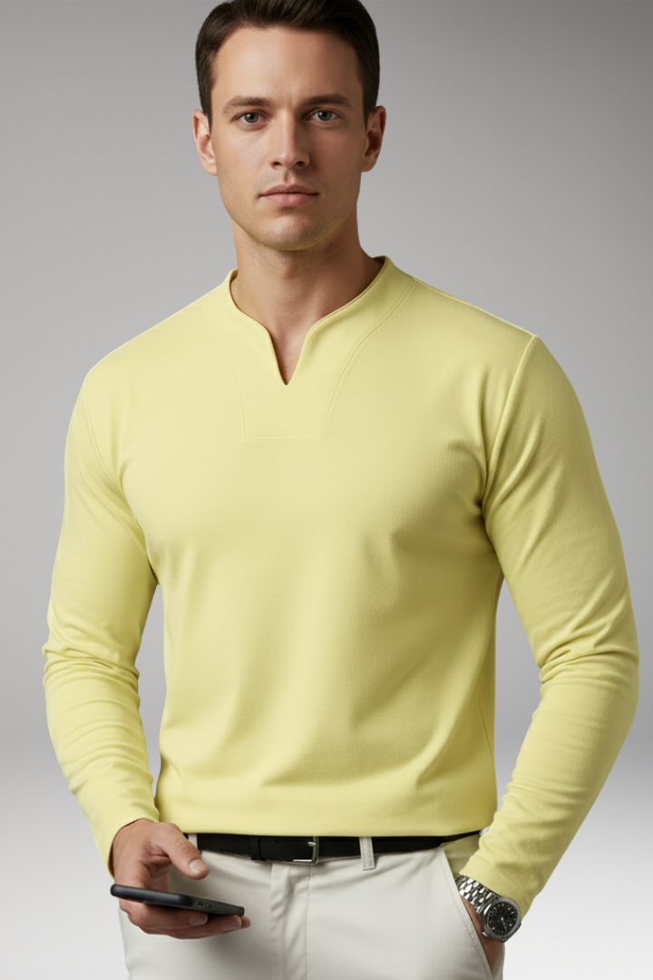 Men's Short-Sleeve V-Neck Shirt – Buttonless Front, Plain Weave