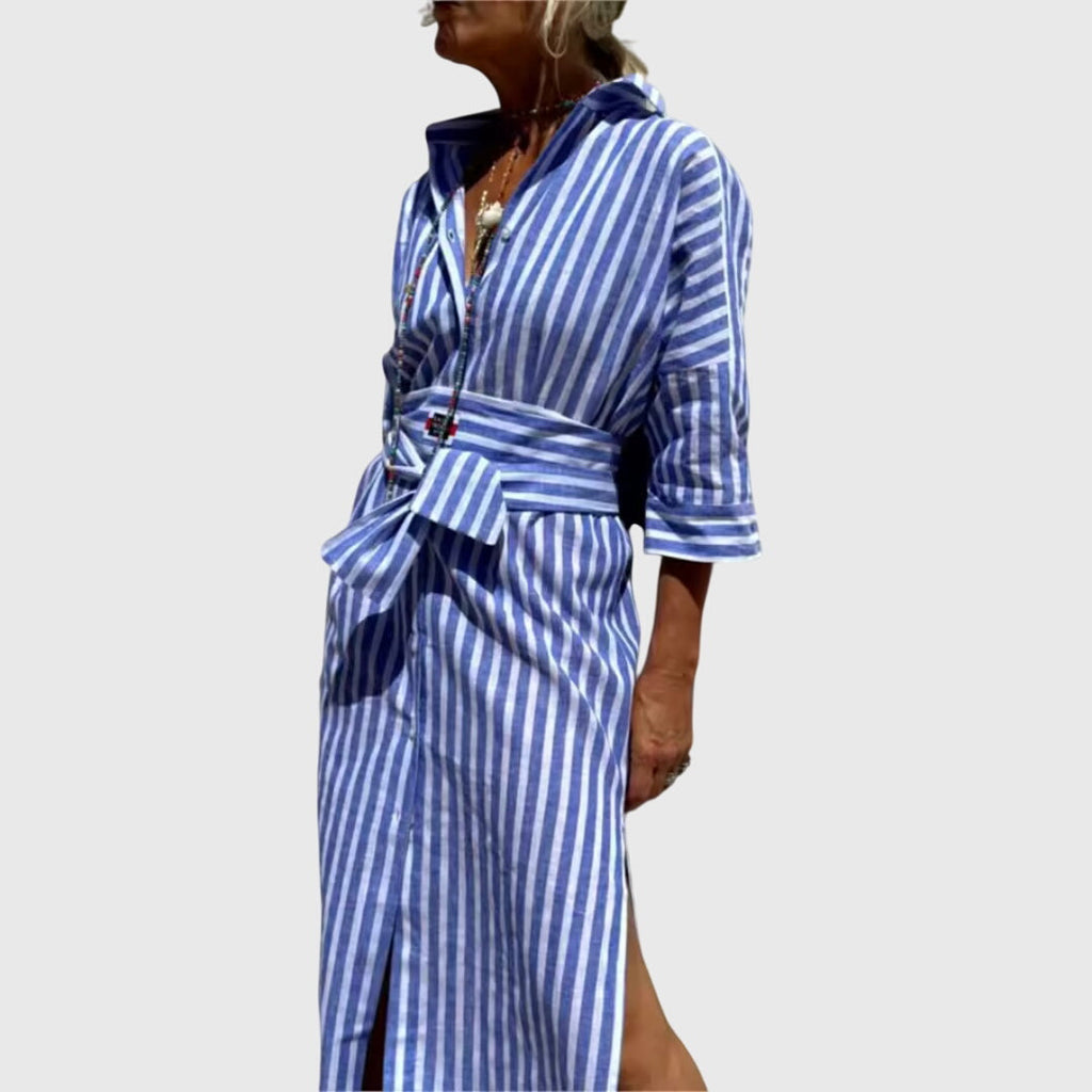 Women's Striped Midi Dress with Relaxed Fit and Side Pocket