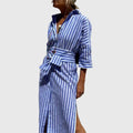 Women's Striped Midi Dress with Relaxed Fit and Side Pocket