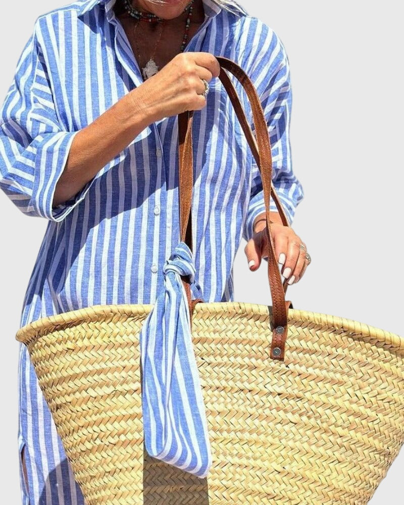 Women's Striped Midi Dress with Relaxed Fit and Side Pocket