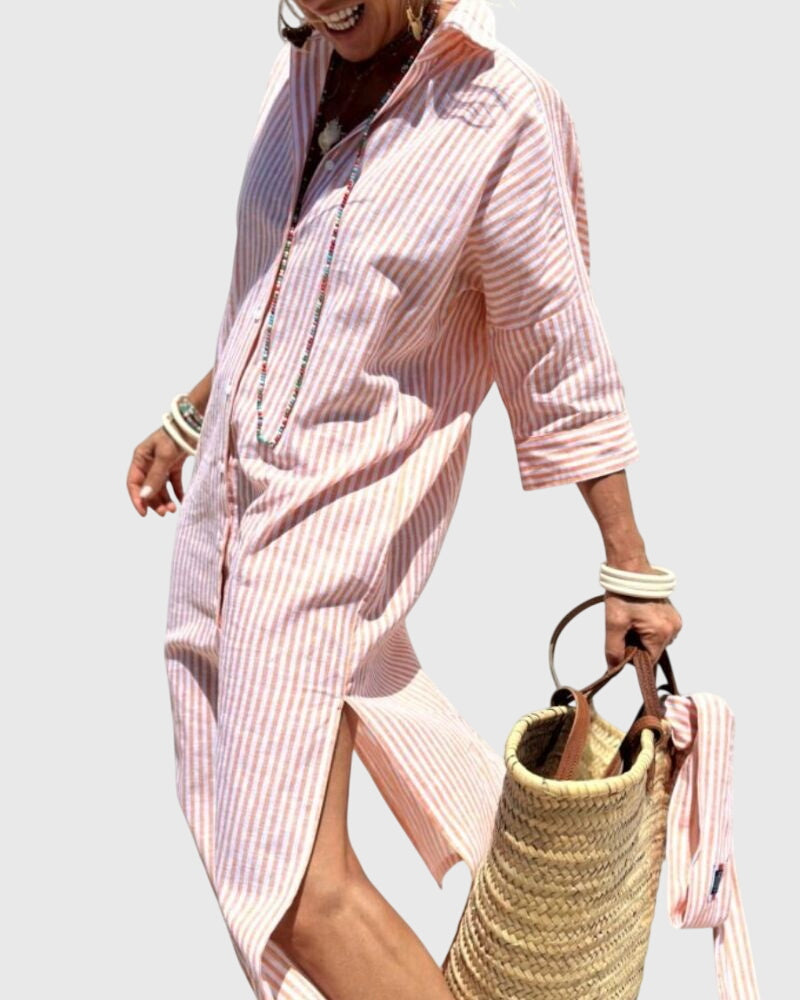 Women's Striped Midi Dress with Relaxed Fit and Side Pocket