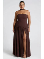 Women's Maxi Dress - Strapless Colorblock Style with High Side Slit