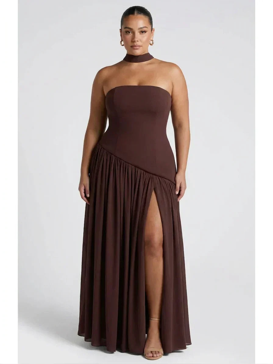 Women's Maxi Dress - Strapless Colorblock Style with High Side Slit