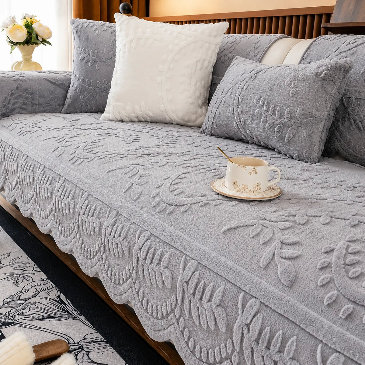 Plush Non-Slip Sofa Cover with Embossed Botanical Texture