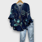Dames Blouse met V-hals en Rüschenmouwen met Bloemenprint Donkerblauw