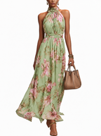 Dames Maxi Jurk met Halternek en Bloemenprint Groen