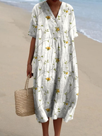 Dames Midi Jurk met V-hals en Korte Mouwen met Bloemenprint