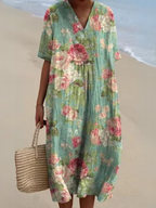 Dames Midi Jurk met V-hals en Korte Mouwen met Bloemenprint Donkerblauw Bloemenprint