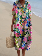 Dames Midi Jurk met V-hals en Korte Mouwen met Bloemenprint Multicolor Bloemenprint