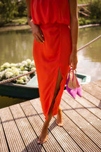 Dames Midi Jurk Mouwloos met Halskraag en Beenslip