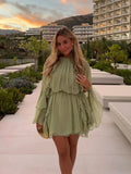 Women's Mini Dress with Long Layered Sleeves and Ruched Neckline