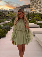 Women's Mini Dress with Long Layered Sleeves and Ruched Neckline