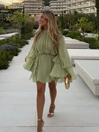 Women's Mini Dress with Long Layered Sleeves and Ruched Neckline