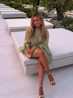Women's Mini Dress with Long Layered Sleeves and Ruched Neckline