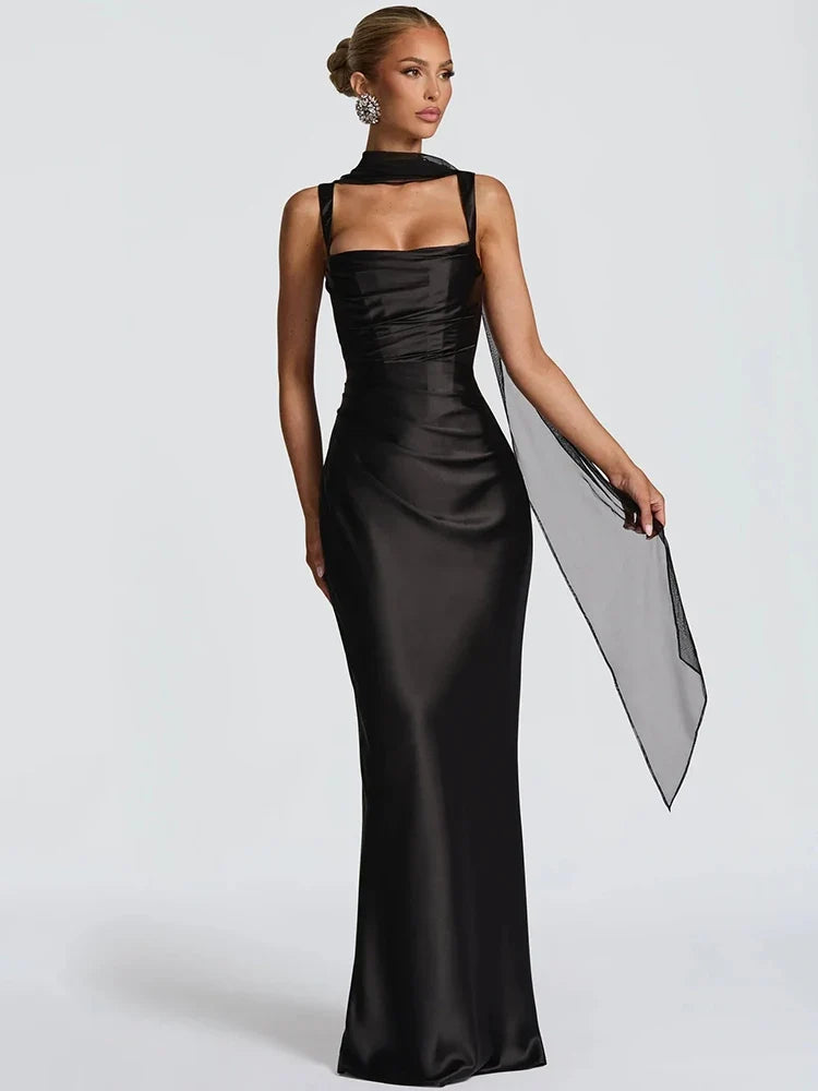 Women's Maxi Dress Sleeveless with Straight Neckline and Tie-Back