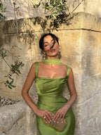 Women's Maxi Dress Sleeveless with Straight Neckline and Tie-Back