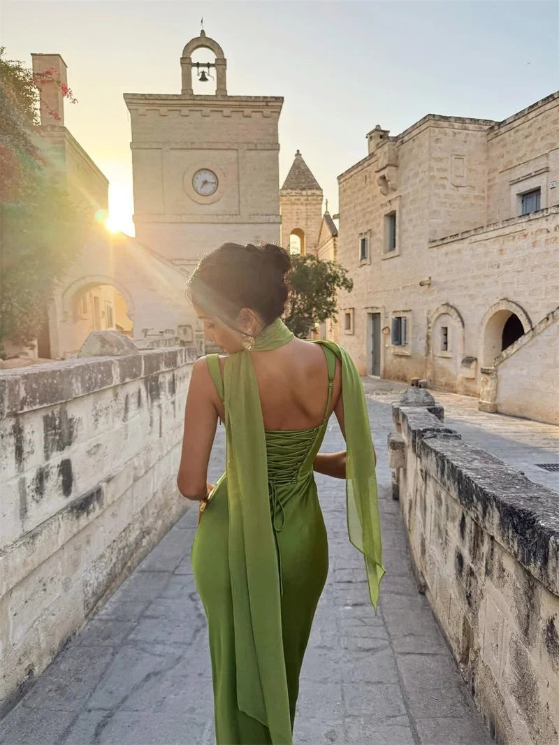 Women's Maxi Dress Sleeveless with Straight Neckline and Tie-Back