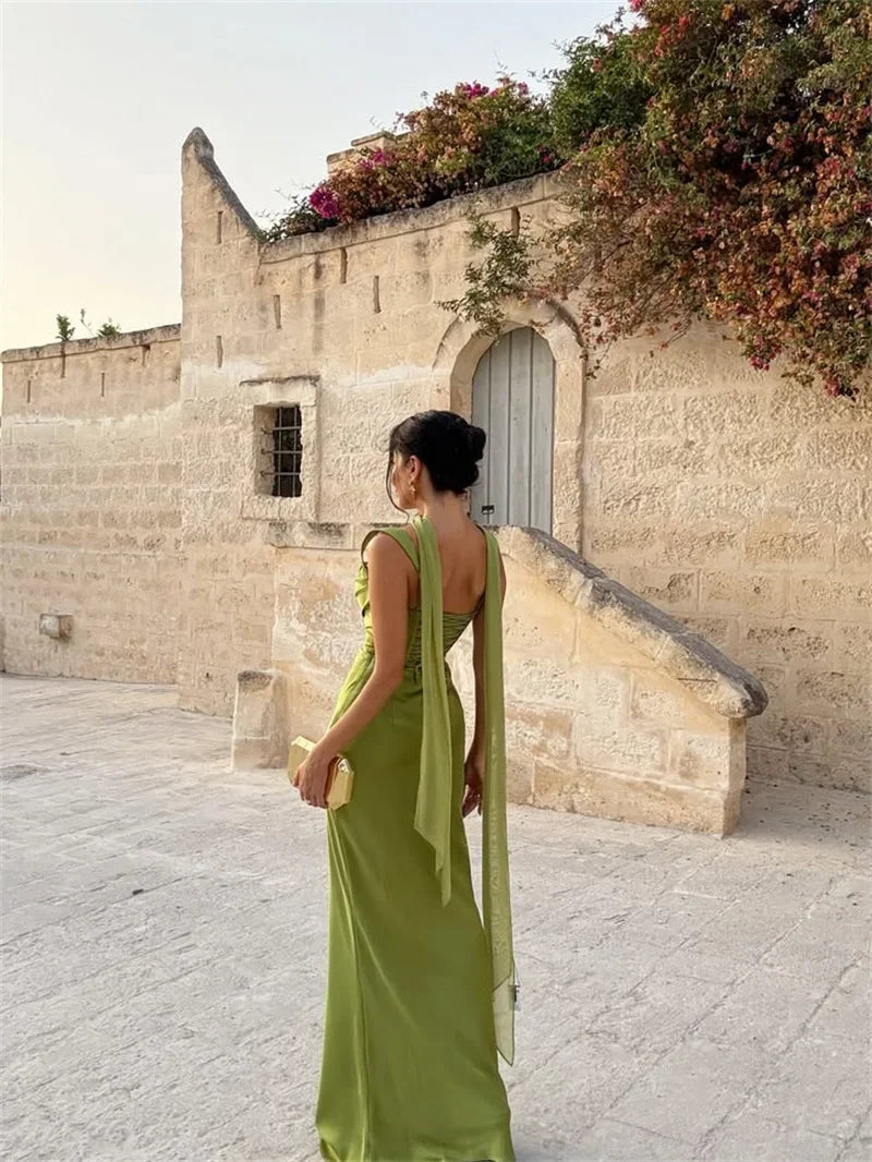 Women's Maxi Dress Sleeveless with Straight Neckline and Tie-Back