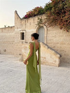 Women's Maxi Dress Sleeveless with Straight Neckline and Tie-Back