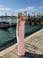 Women's Maxi Dress Sleeveless with Straight Neckline and Tie-Back