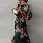 Women's Floral Maxi Dress with Collar and Front Tie Waist