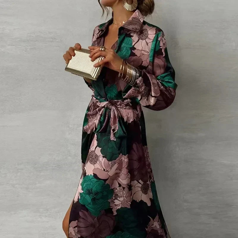 Women's Floral Maxi Dress with Collar and Front Tie Waist